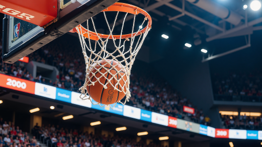 篮球比赛中球员完成精彩扣篮瞬间，身穿红色球衣，观众席欢呼声热烈