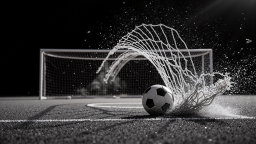 足球场上球员射门得分瞬间，皮球飞入球门右上角，守门员无奈扑救