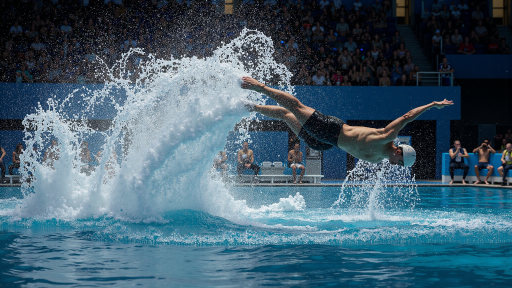 游泳池中运动员触壁瞬间，打破纪录，水花四溅，观众席热烈庆祝