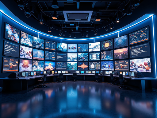 未来科技感的体育场景，多个屏幕显示不同体育项目，充满现代感的运动空间